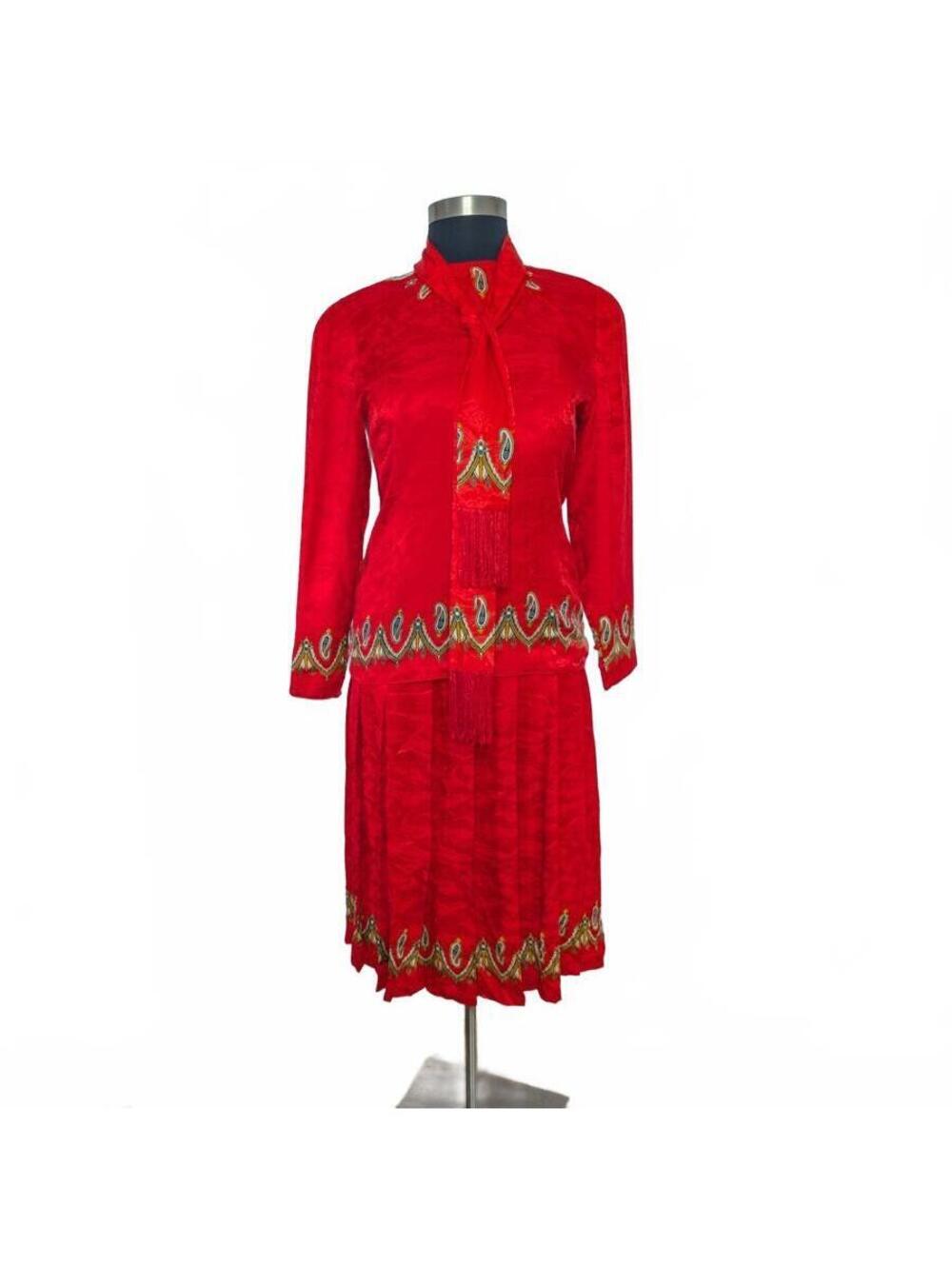 Anne Crimmins Umi Collections READ 16 XL 3 pc Red Silk Skirt Suit 80s XMas VTG